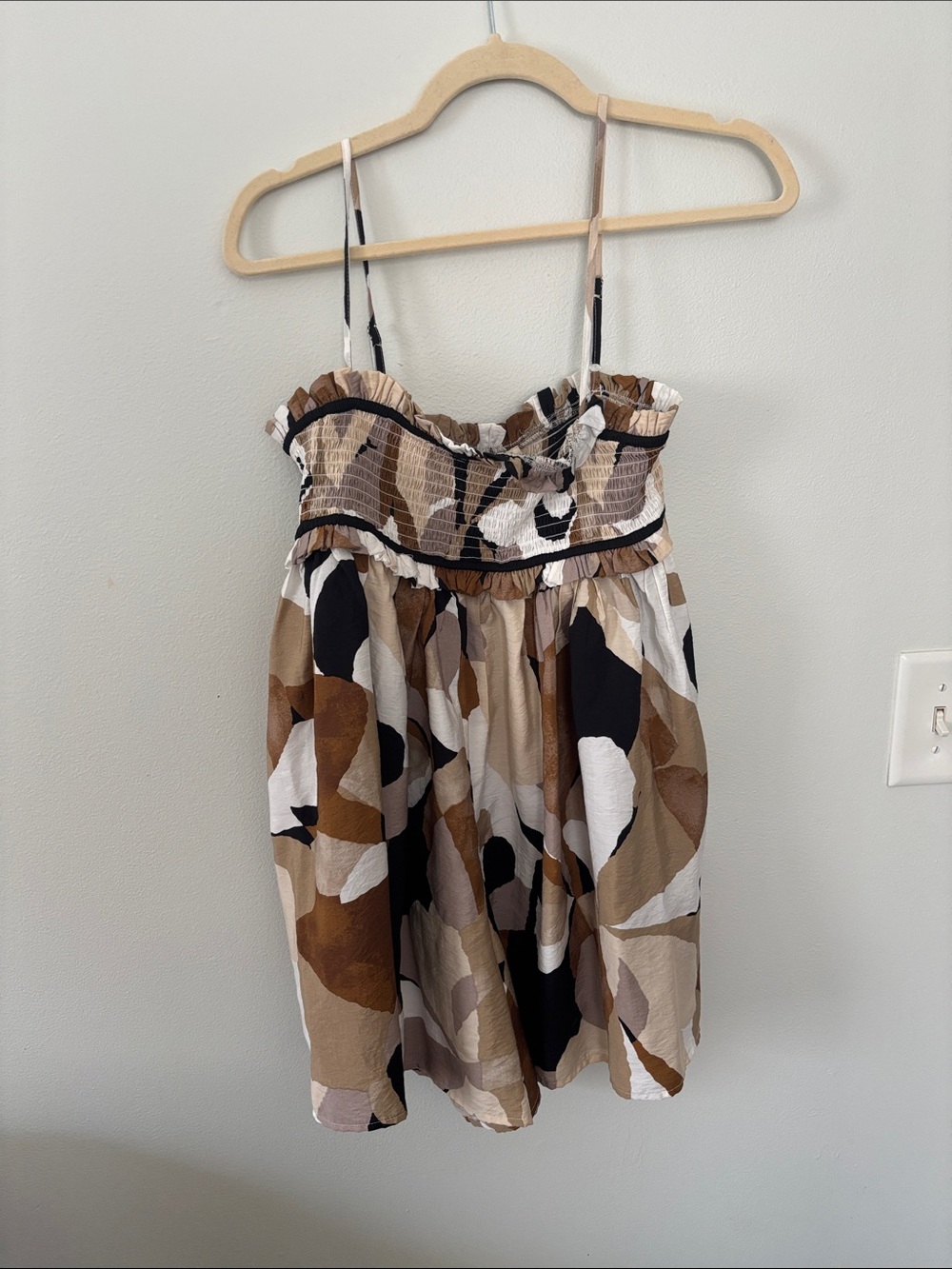 Smocked Strap Sundress in Neutral Abstract Print